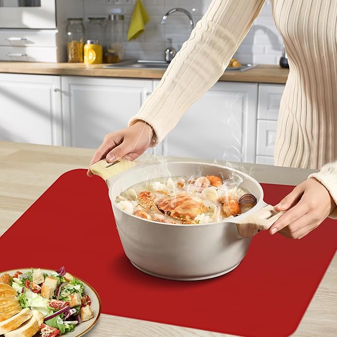 Silicone Mat for Kitchen Counter, Silicone Mat Trimable to Size (Red, 23.6×15.7inch-2PCS), BPA-Free Silicone Placemat, Heat-Resistant NonSlip Table Mat for Air Fryer, Countertop Protector Mat