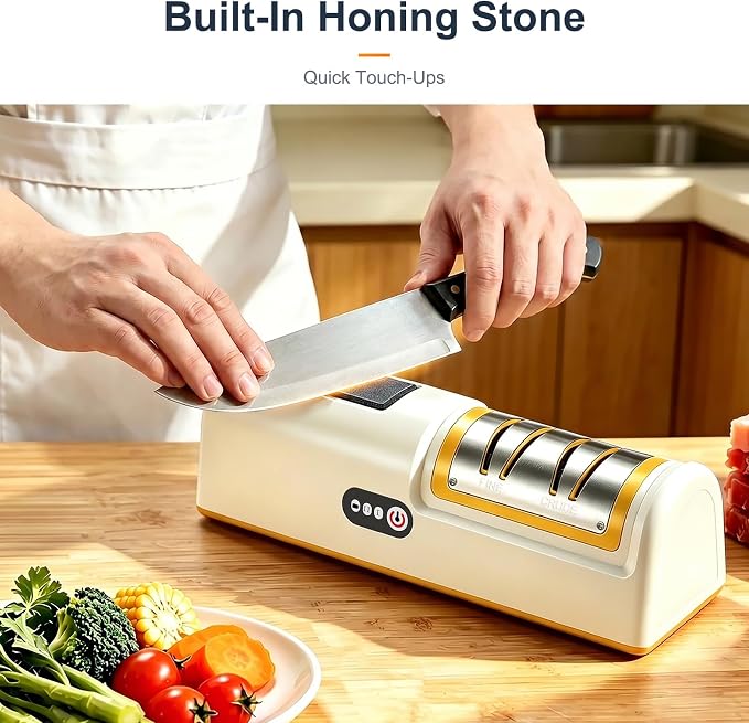 3 Stage Electric Knife Sharpener 2 Speed, Coarse & Fine Slots with Extra Fine Honing Stone on Handle, 20° Precision Angle Guide, Rechargeable Cordless Battery & Plug-in for Chef Knives