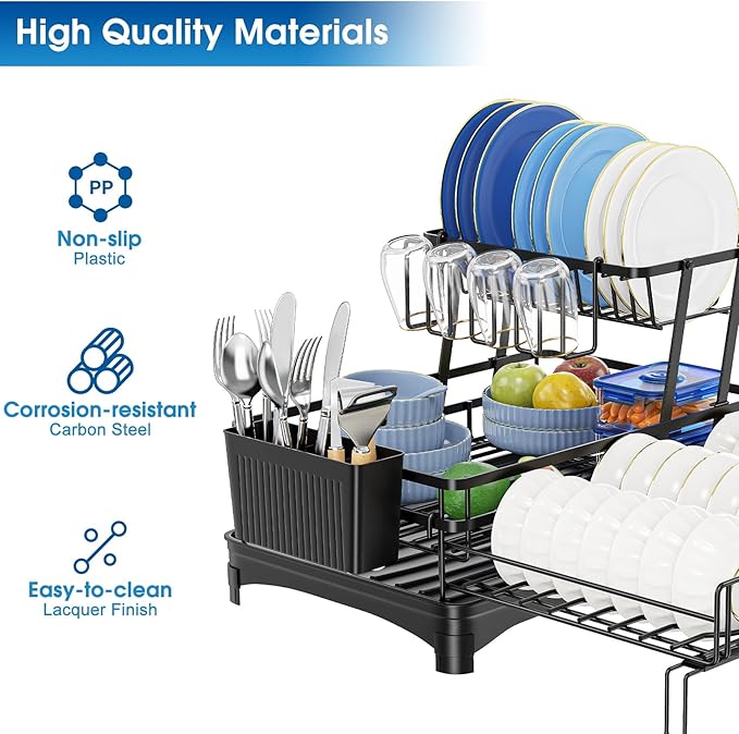 Glovv Over The Sink Dish Drying Rack, 2-Tier Kitchen Organizers and Storage for Kitchen Counter, Kitchen Sink Organizer with 4 Cup Holders and Drainboard, Black
