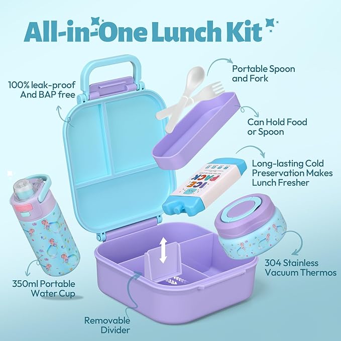 Itslife Bento Box for Kids Set, insulated food container,kids lunch box, 7 oz thermos for hot food, 12 oz thermos water bottle, Reusable Insulated Ice Bag & Fork Spoon Utensils Camping Travel Purple