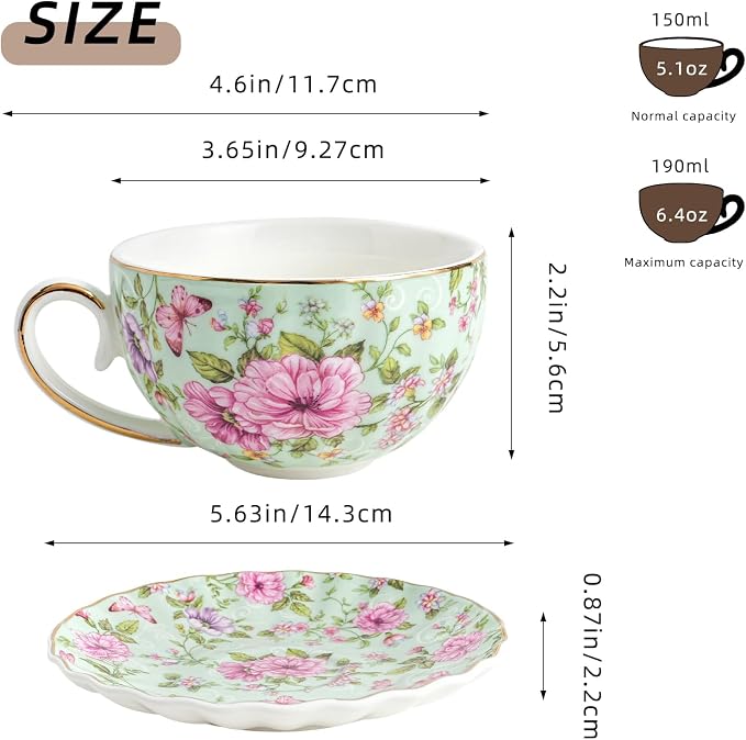 Agyiuns Tea Cup and Saucers, 6.4oz Floral Tea Cups with Gold Trim, Porcelain Teacup, Coffee Cappuccino Espresso Latte Mugs for Party Birthday,Party Cafe Home, Christmas Gift (Green)