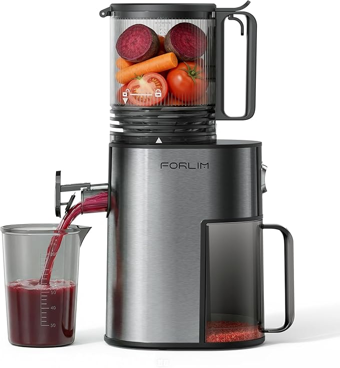 FORLIM Cold Press Juicer Machine, 250W Motor & 136mm Wide Chute for Whole Fruits and Vegetables, Easy to Clean with Removable Parts, High Nutrient Juice & Wellness Shots, Argent