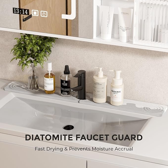Quick Dry Sink Splash Guard - 30" Instant Dry Diatomite Faucet Mat Stone Sink Tray - Quick Drying Water Stone - for Kitchen and Bathroom Sink - White