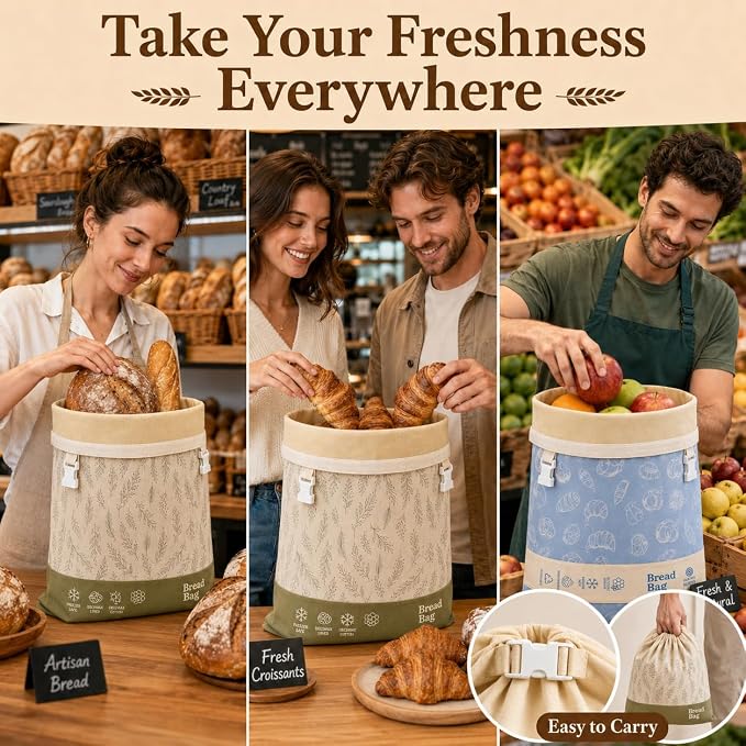 Cotton Beeswax Bread Bags for Sourdough - 3 Pack Reusable 2XL Set with Beeswax Wrap & Buckle Closure, Freezer Safe, Eco-Friendly Organic Storage for Homemade Artisan Loaves