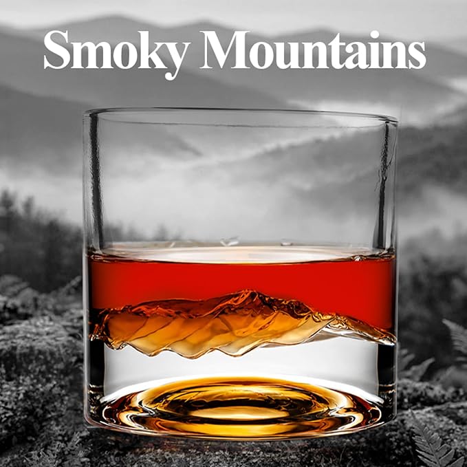 LIITON Smoky Mountain Heavy Crystal Whiskey Glasses Gift Set of 2, Thick Freezable Bourbon Glass 1lb Each, Premium Whiskey Gifts for Men, Frozen Crystal Chills Cocktails, 10 oz