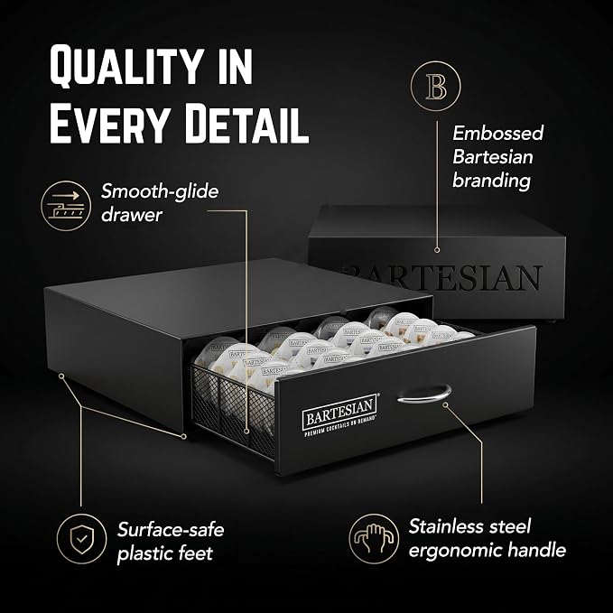 Bartesian Carbon Steel Cocktail Capsule Drawer - Black Storage Organizer Holds Up to 36 Bartesian Capsules - Space Saving Under Cocktail Machine Design for Home Bar & Countertop Organization