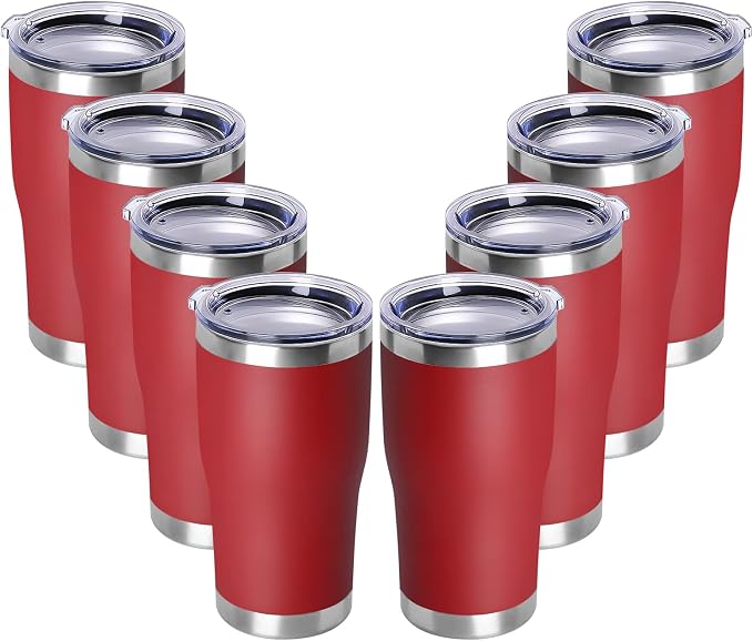 DOMICARE 20oz Tumbler with Lid Stainless Steel Tumblers Bulk, Double Wall Vacuum Insulated Coffee Travel Mug Powder Coated Tumbler,8 Count (Pack of 1) Red