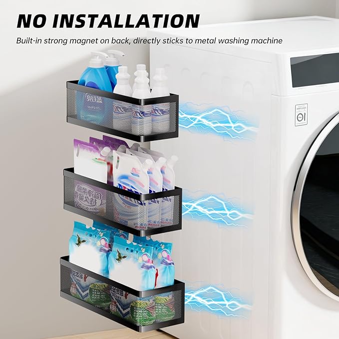 3 Pack Magnetic Shelves for Washing Machine, Strong Hold Black Magnetic Baskets, Multipurpose Magnetic Laundry Organizer & Spice Rack for Refrigerator, Ideal Laundry Room Organization and Storage