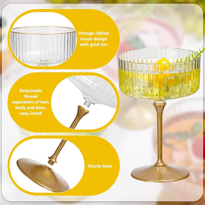 Jingmore Ribbed Martini Glasses 10 oz Disposable Plastic Vintage Ribbed Coupe Glasses with Gold Rim Cocktail Unbreakable Dessert Parfait Glassware for Wedding Party Supplies (Gold,48 Pcs)