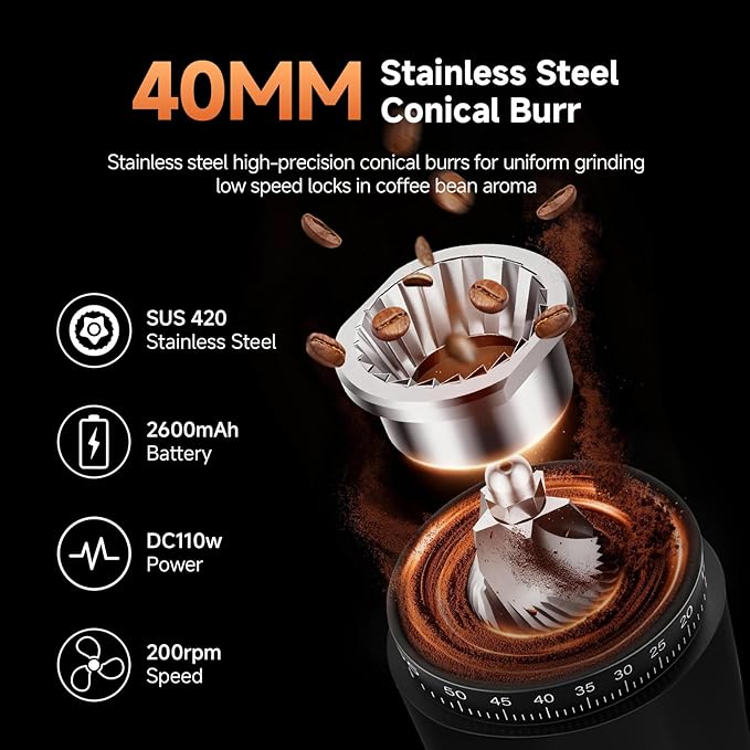 AAOBOSI Burr Coffee Grinder with 60 Grind Settings, Rechargeable with Anti-Static, 5-98s Digital Timer & Touchscreen, Portable for Espresso, Pour Over, French Press, Travel & Camping.