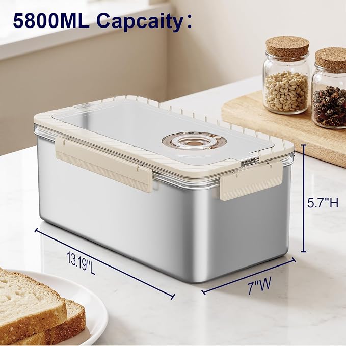 QCQHDU Bread Containers Corner Bread Box Keeper Food Storage Container | Airtight, Time Recording, BPA Free, 5800ML Large Capacity 2 Pack, Stainless Steel, for Kitchen Countertop Homemade Breadbox