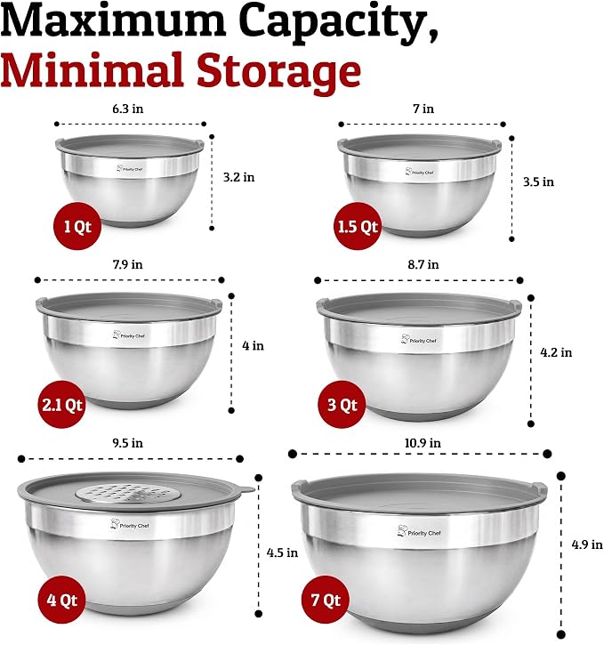 Priority Chef 6Pc Stainless Steel Mixing Bowls with Lids Set, Huge 7 Qrt Size Metal Bowl Set for Kitchen, 3 Graters, Non-Slip Bases & Silicone Utensils Set, Grey