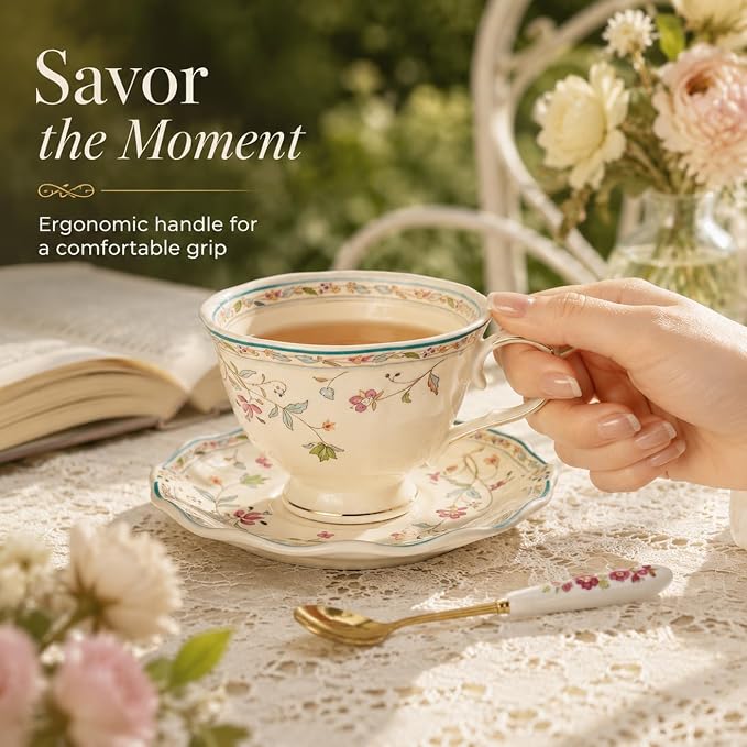 Noviko 6 oz Floral Tea Cups and Saucers Flower Ceramic cup for Women and Tea Parties