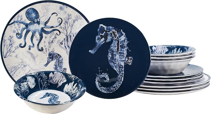 Sea Life Melamine 12 Piece Dinnerware Set – Service for 4 Coastal Themed Plates and Bowls with Ocean Art, Reusable Nautical Dinnerware for Indoor/Outdoor Dining, Dishwasher Safe, Break-Resistant