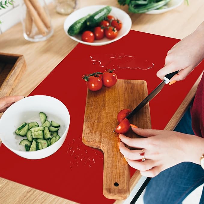 Silicone Mat for Kitchen Counter, Silicone Mat Trimable to Size (Red, 23.6×15.7inch-2PCS), BPA-Free Silicone Placemat, Heat-Resistant NonSlip Table Mat for Air Fryer, Countertop Protector Mat