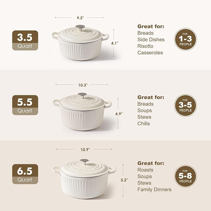 SENSARTE Enameled Cast Iron Dutch Oven Pot with Lid 3.5/5.5/6.5 Quart Heavy-Duty Round Dual Handles Kitchen Pot with Cotton Potholders & Silicone Trivet, Pot for Bread Baking, Stews, Braising, Roasting, Oven Safe, 5.5 Quart, White