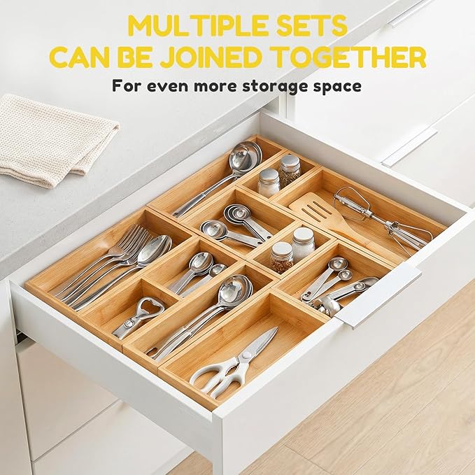 lilLittle Bamboo Drawer Organizer, 3 Pcs Kitchen Drawer Organizer Set, Multi Purpose Utensil Drawer Organizer, Silverware Organizer for Kitchen, Bathroom, Office, Junk Drawers