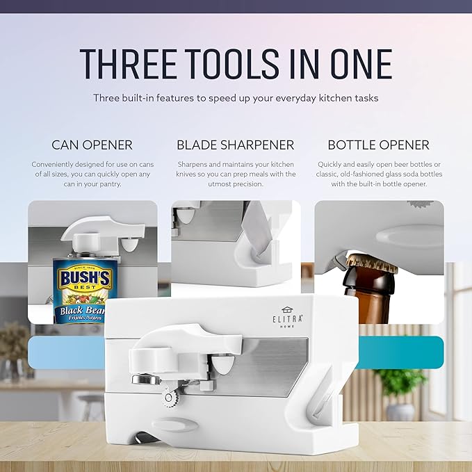 Elitra Home 3 in 1 Under the Cabinet Electric Can Opener, Blade Sharpener, Bottle Opener, Under The Counter Mount, For Large And Small Cans (White)