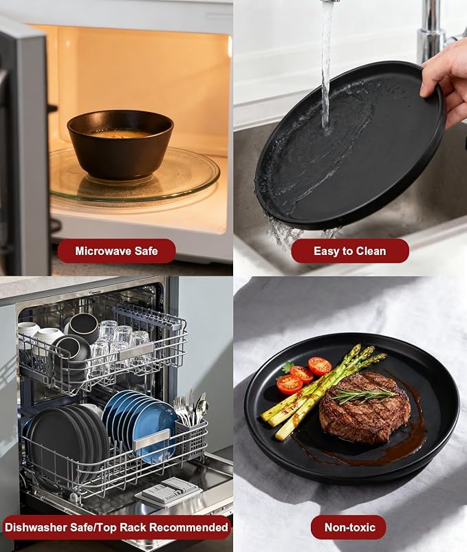 16 Pieces Ceramic Dinnerware set,Plates and Bowls Sets for 4,Black Dinnerware Set for Kitchen, Modern Design Plate Sets with Black Rim, Microwave and Dishwasher Safe