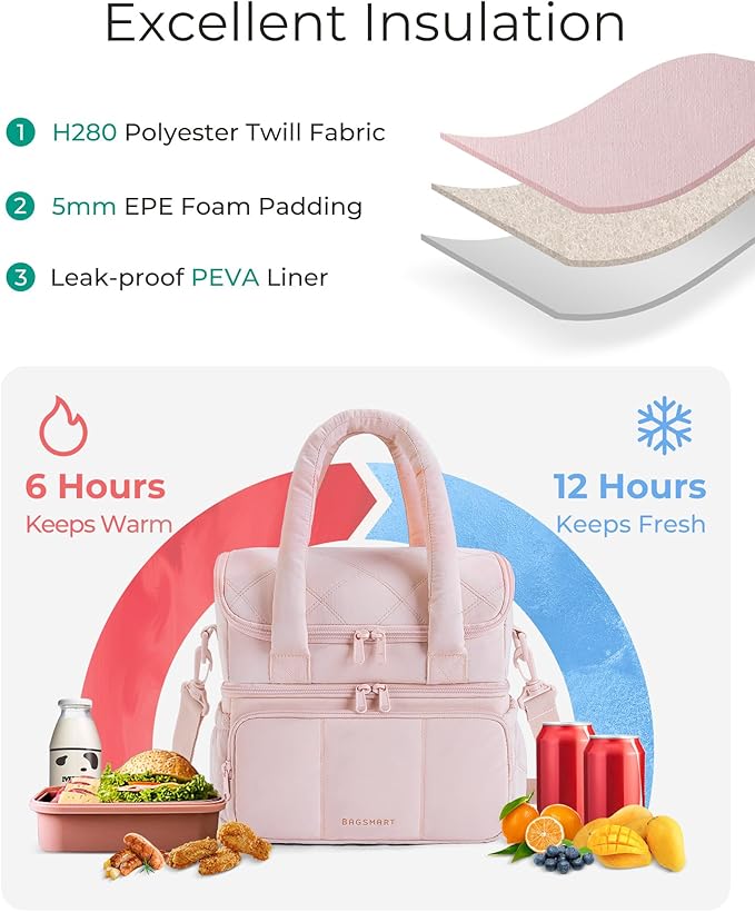 BAGSMART Lunch Bag Women, Double Deck Insulated Lunch Box, Quilted Puffer Lunch Tote, Leakproof, Durable & Reusable Large Lunch Cooler For Work Picnic Travel Meal Prep, Brown Checkerboard