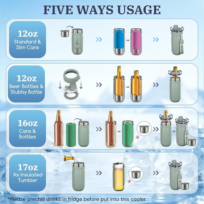 MAXSO Sealed Can Cooler Fizz Lid Can Cover for 12 oz Regular, Slim Skinny Cans & As Thermal Bottle (Sage Green, 5-in-1)