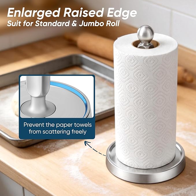 theaoo Paper Towel Holder Countertop, One-Handed Tear Paper Towel Stand Dispenser with Damping Function for Kitchen Bathroom, Stainless Steel Paper Towel Holder with Weighted Non-slip Base (1, Silver)