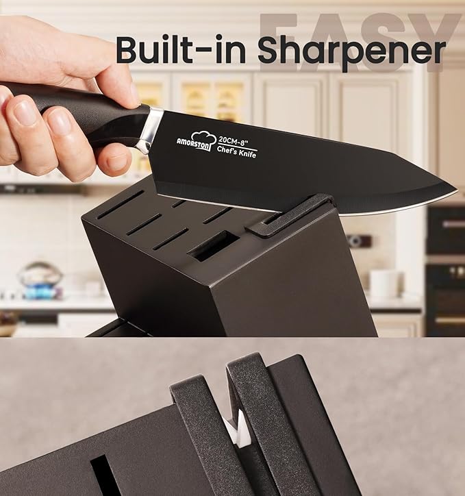 Knife Set, 15 Pieces Kitchen Knife Set with Built in Sharpener, German High Carbon Stainless Steel Knife Block Set, Dishwasher Safe, Black, Fathers Day Gift for Men