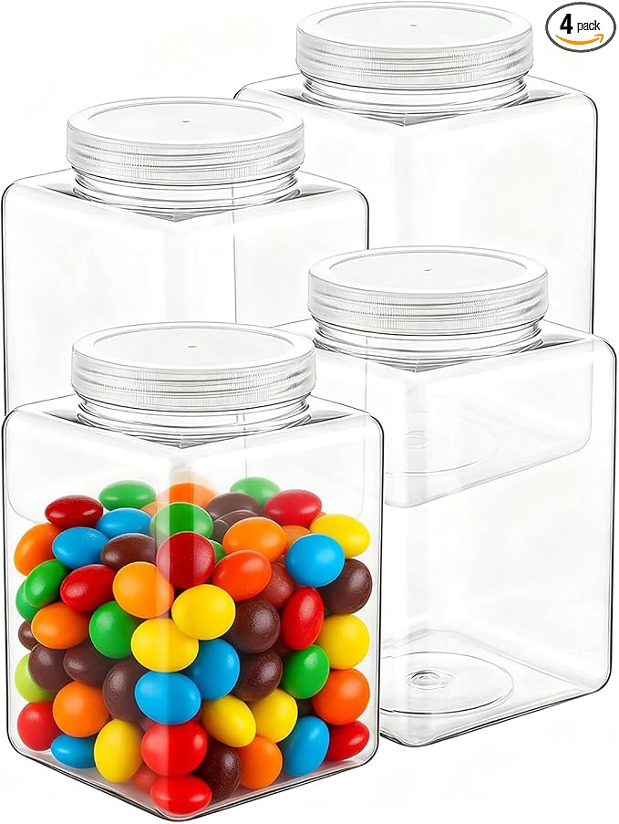 Plastic Storage Jars, 4 Pack Square Wide Mouth Containers with Screw Cap Lids, Transparent Moisture Proof Food Canisters, Clear Pantry Storage Jars (5.1 x 5.1 x 6.3 Inches)
