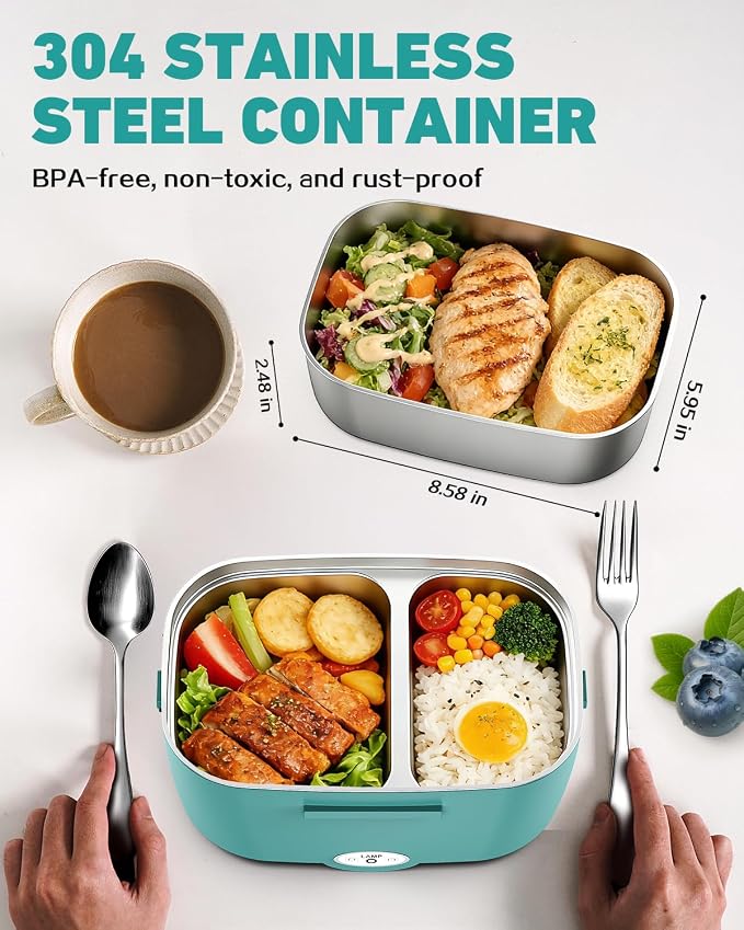 80W Electric Lunch Box Food Warmer for Car/Truck/Office, 110V/24V/12V Portable Heated Lunch Box for Adults, Dual 1.5L Stainless Steel Containers, Leak-Proof & Fast Heating, 3-in-1 Design