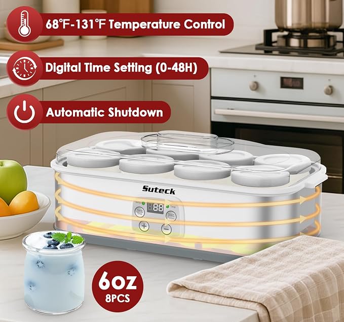 Suteck Yogurt Maker - Stainless Steel Yogurt Makers with Adjustable Time & Temp Control，Automatic Shut-Off & Constant Temper for Homemade Greek, Probiotic Yogurt, BPA-Free 8 Glass Jars (48 oz)