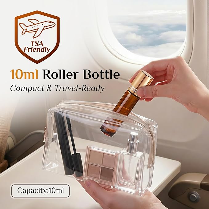 PrettyCare 24 Pack, 10 ml Essential Oil Roller Bottles with Stainless Steel Roller Ball - Refillable Leak-proof Empty Thick Amber Glass Roll on Bottles with Metal Caps for Travel, Perfume