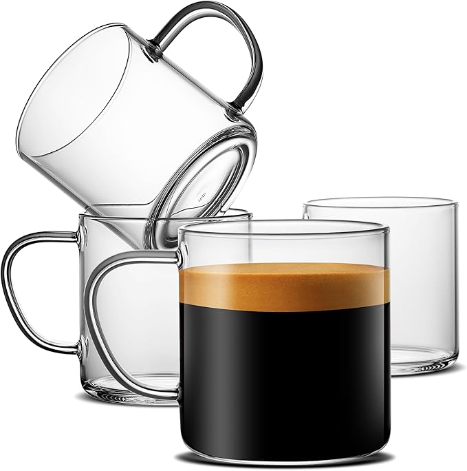 LUXU Glass Coffee Mugs Set of 4,14 oz Clear Coffee Cups,Hand Blown&Seamless Design,Heat Resistant and Explosion-Proof,Lightweight Tea Mugs with Anti Scald Handle Ideal for Home,Cafe
