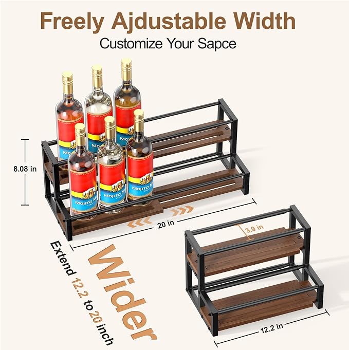 Expandable Coffee Syrup Organizer, Customized Width Syrup Rack & Bottle Holder for Coffee Bar Station (Wooden Base for All Bottle Sizes)