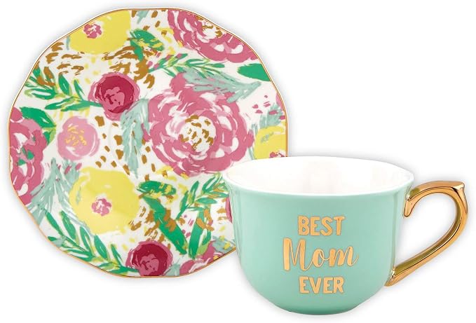 Best Mom Ever Mint Green Floral 5 ounce Porcelain Tea Cup and Saucer