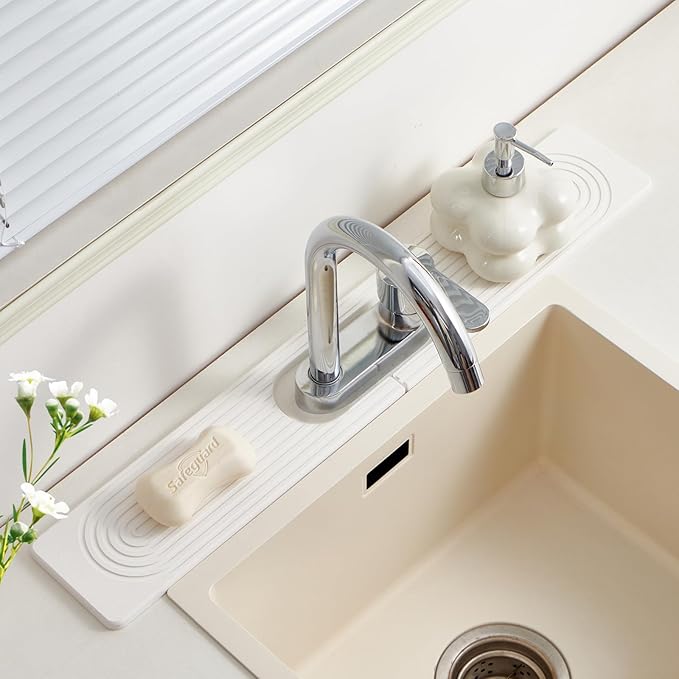Stone Faucet Mat for Kitchen Sink with Oval Hole – 23.6" × 3.9" Diatomite Drying Stone Mat & Sink Protector, Quick-Dry Splash Guard Water-Absorbing Tray for Bathroom Counter（White.23.6 x 3.9）