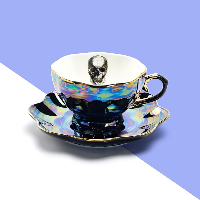Grace Teaware Skull Black Gold Luster Tea Cup and Saucer with Gold Trim