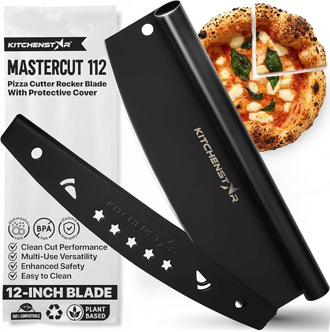 KitchenStar 12-Inch Pizza Cutter Rocker Blade - Sharp Stainless Steel Slicer Knife, Protective Cover, Black, Small - Professional Pizza Oven Accessories