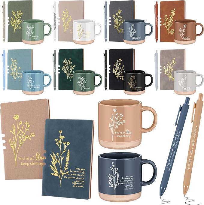 Didaey Employee Appreciation Gifts Set 13oz Boho Floral Ceramics Coffee Mug with A6 Leather Notebooks Ballpoint Pen Bulk Thank You Gift for Employee Coworker Staff Team Teacher (10 Sets, 10 Colors)