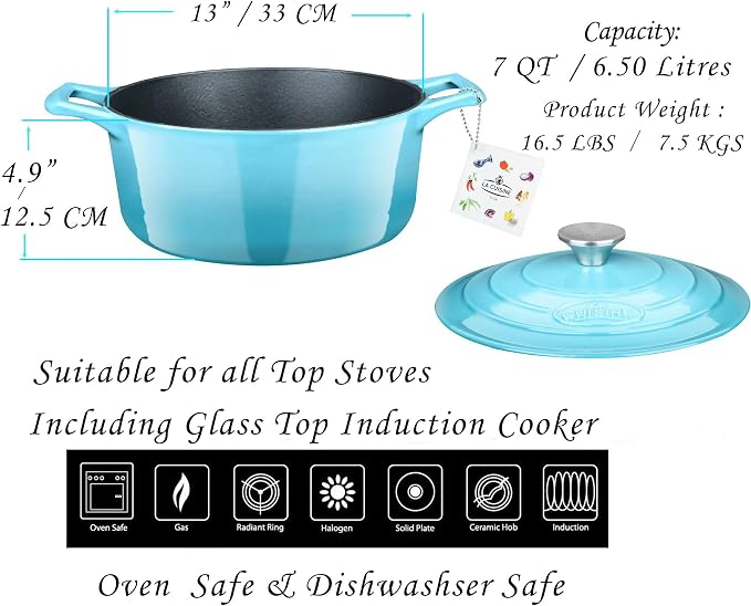 La Cuisine Enameled Cast Iron Oval Dutch Oven Casserole Pot with Lid, 6.75 QT Internal Matte Black Enamel for bread baking, 2-ton Teal Enamel Coating Finish Exterior, Oven Safe up to 480° F