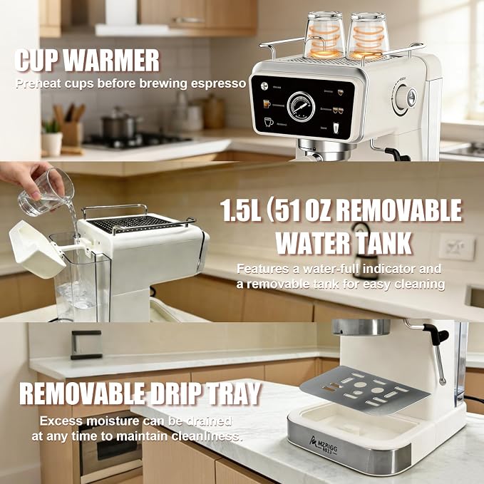 MZRIGG 8023 20 Bar Semi-Automatic Espresso Machine, 1350W Fast Heating Coffee Maker with Milk Frother Steam Wand, 1.5L Removable Water Tank & Cup Warmer, White for Home Office Beginners Baristas