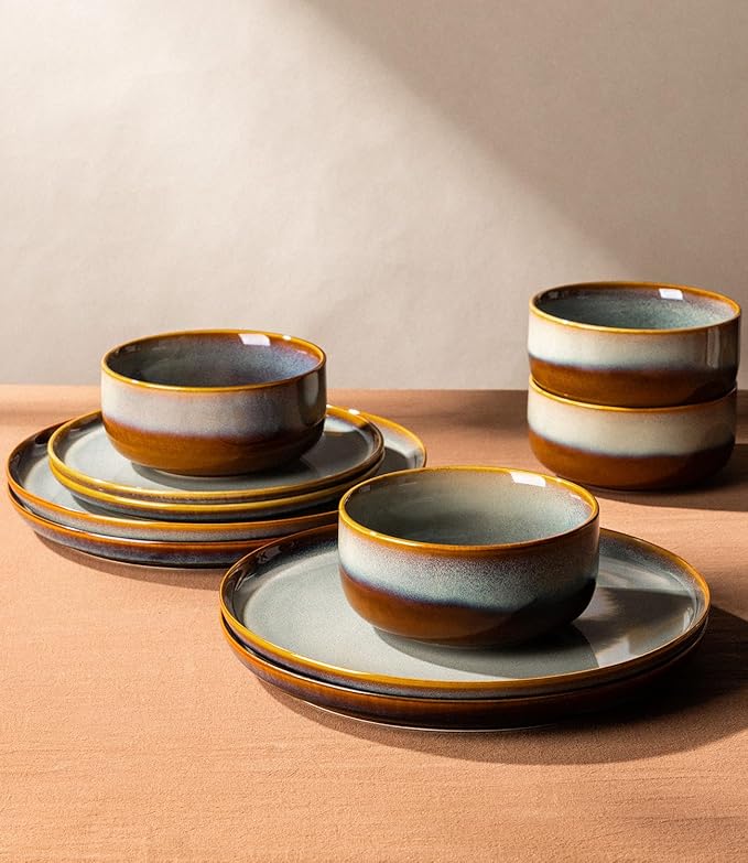 Ceramic Dinnerware Sets for 8, 24 Pieces Handmade Reactive Glaze Plates and Bowls Set, Scratch Resistant Dish Set, Oven & Microwave & Dishwasher Safe, Dusk Blue
