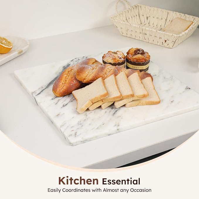 Diflart Natural Marble Stone Cutting Board for Kitchen, 16x20 Inch, Ink White, Marble Slab Pastry Board Large with Non-Slip Feet for Backing, Cheese, Chocolate, Pack of 1 Piece