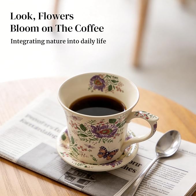 DOWAN 14 OZ Tea Cup & Saucer Set, Ceramic Coffee Mug with Lid, Cappuccino/Latte Cup, Floral, Perfect Self‑Care or Gift for Friends, One Set