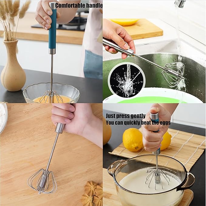 Stainless Steel Semi-Automatic Whisk, 2025 and Mixer Whisks Stainless Steel Egg Whisk Hand Push Rotary Whisks Blender Egg Scrambler Rotating Automatic Eggbeater for Cooking Egg Milk (Blue, 3Size)