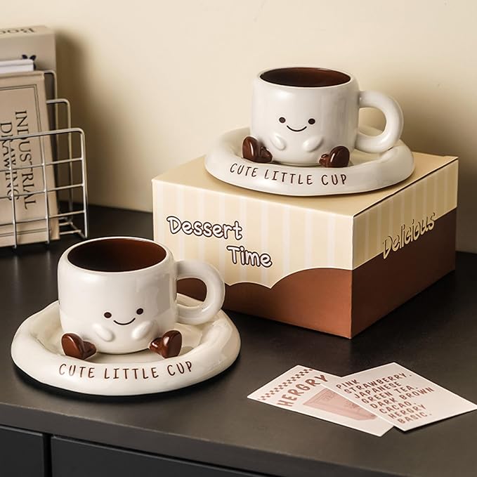 Ceramic Coffee Mug with Saucer Set, 6.8oz Cute 3D Ceramic Mug with Saucer, Face Tea Cup Espresso Cups for Coffee Tea Hot Chocolate, Microwave & Dishwasher Safe (White)