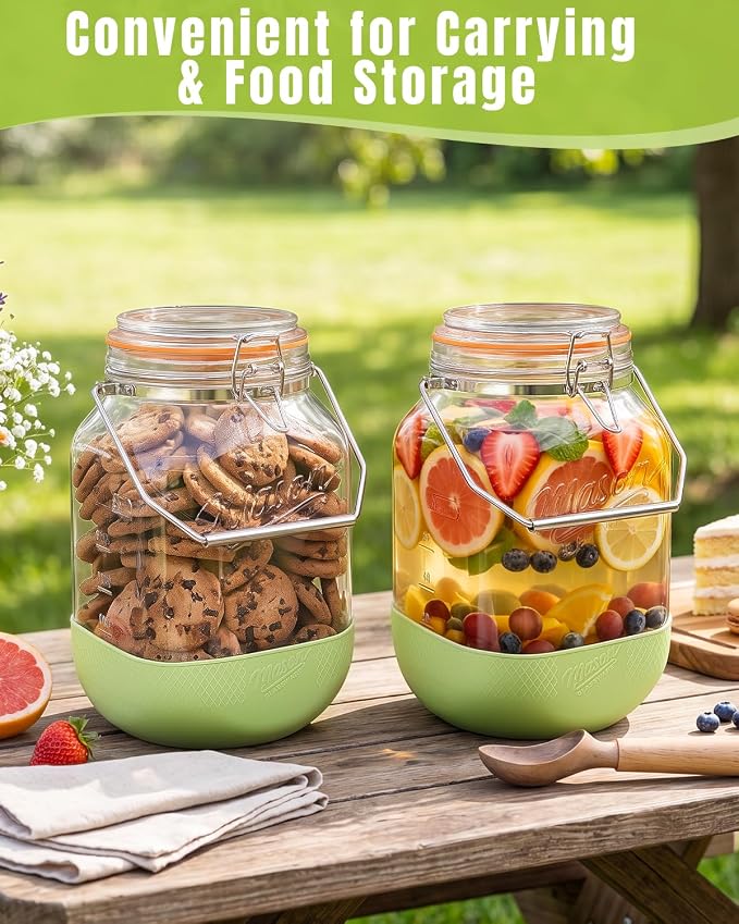 1 Gallon Glass Jar with Lid, 2 Pack Wide Mouth Mason Jars with Airtight Seal, Heavy Duty Glass Storage Container with Handle & Protective Base, Glass Jar for Sun Tea, Pickling, Flour Sugar, Kombucha