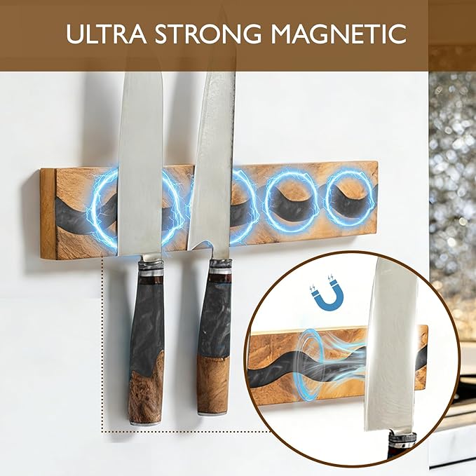 Wooden Magnetic Knife Holder with Black Resin for Wall, Wall Mounted Farmhouse Bar Kitchen Knives Organizer, Untensil Bar Storage and Spice Rack, 16 Inch