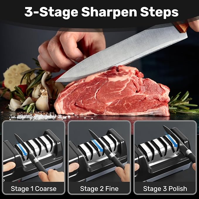 Enutogo Knife Sharpener, 3-Stage Electric Knife Sharpener for Kitchen Knives, 100% Diamond Abrasive with Quick Sharpening & Polishing, Professional Sharpening Tool with Metal Dust Collection Box