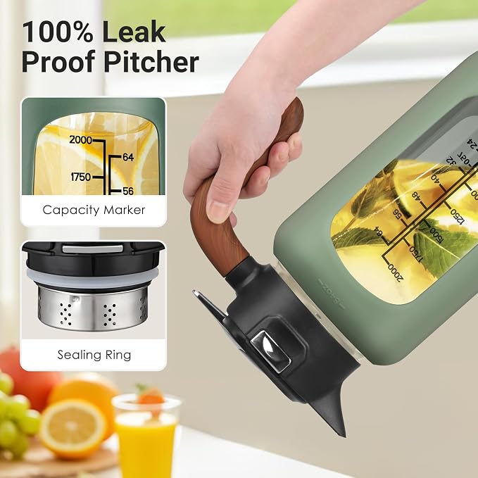 84oz Glass Pitcher with Lid and Handle Borosilicate Glass Water Jug/Carafe for Hot & Cold Beverages, 2.5Liter Large Pitcher with Silicone Sleeve & Wide Mouth, Fridge Safe for Iced Tea, Coffee, Juice