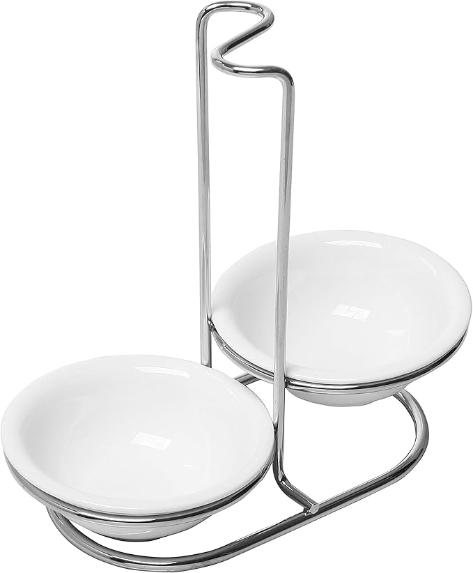 MyGift Set of 2 Ceramic Spoon Rest, Upright Ladle Holder Ceramic Dish with Silver Stainless Steel Rack